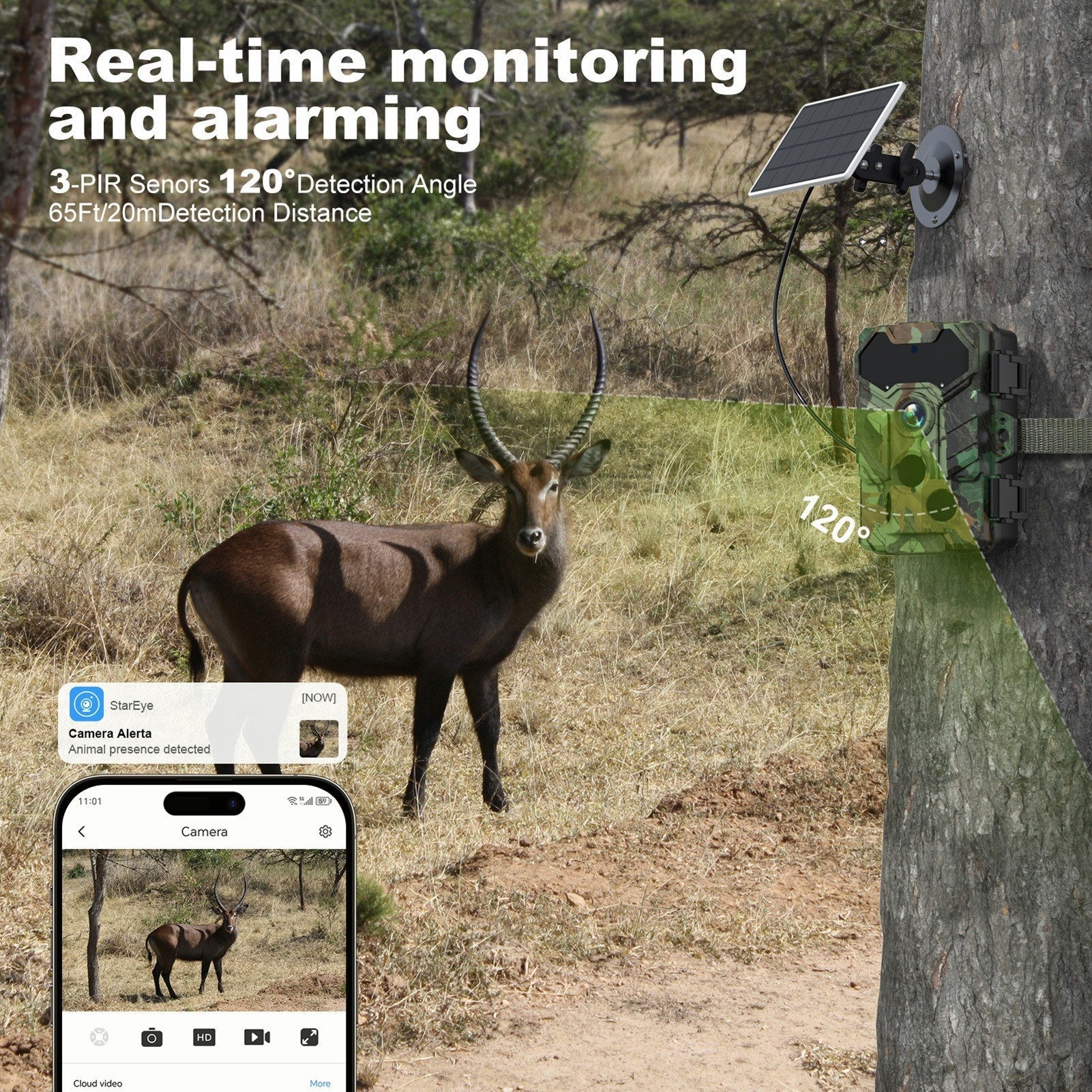 Solar Camera Outdoor Wireless Trail Camera 32MP Infrared Night Vision WiFi Enabled IP66 Waterproof Wildlife Hunting Camera Wireless Solar Powered