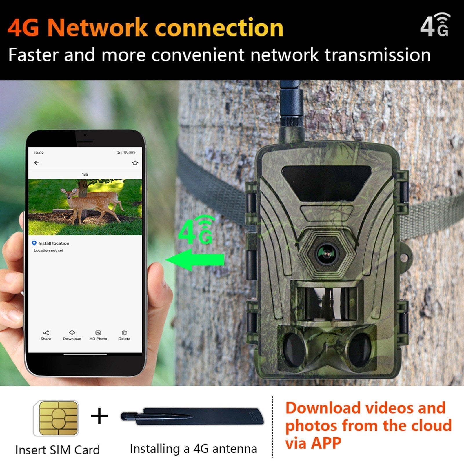 4G Trail Camera 4K Hunting Camera with SIM Card 60MP Photos Fast Trigger Wildlife Camera Infrared Camera Night Vision Camera