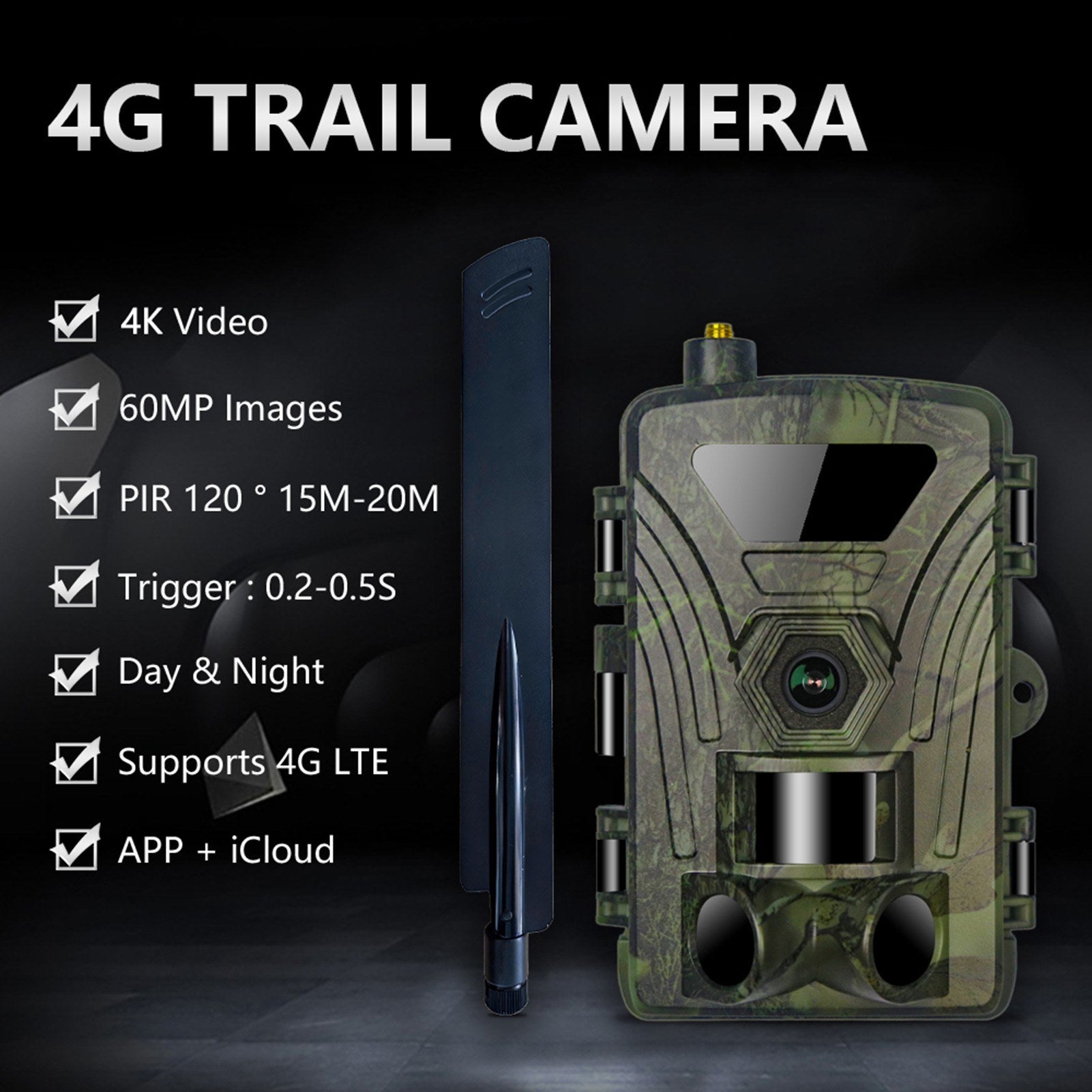 4G Trail Camera 4K Hunting Camera with SIM Card 60MP Photos Fast Trigger Wildlife Camera Infrared Camera Night Vision Camera