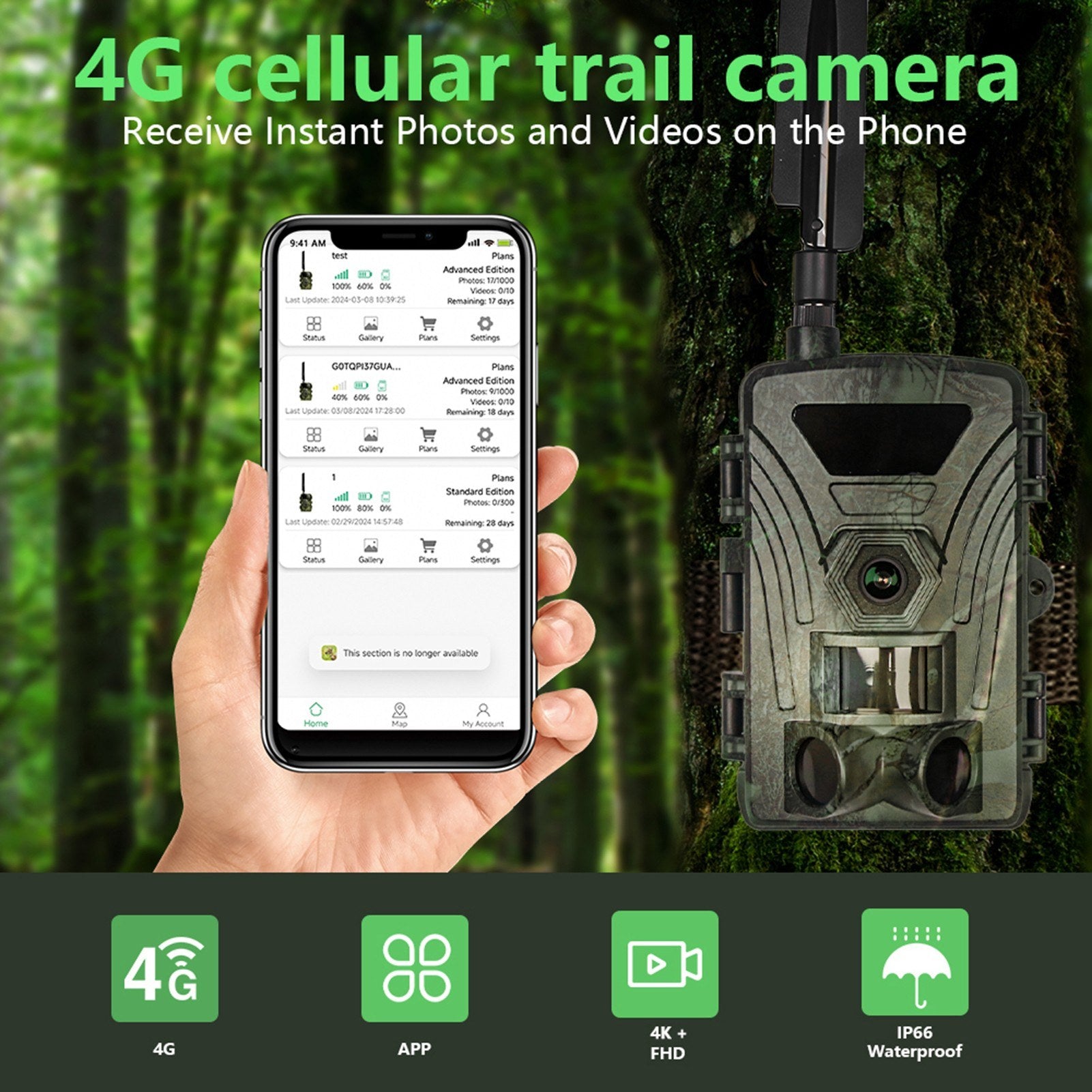 4G Trail Camera 4K Hunting Camera with SIM Card 60MP Photos Fast Trigger Wildlife Camera Infrared Camera Night Vision Camera
