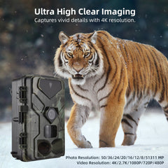 Night Vision Hunting Camera 4K Ultra High Clear Trail Camera Wildlife Motion Activated Camera 120° Wide Angle 0.3S Trigger Speed IP65 Waterproof