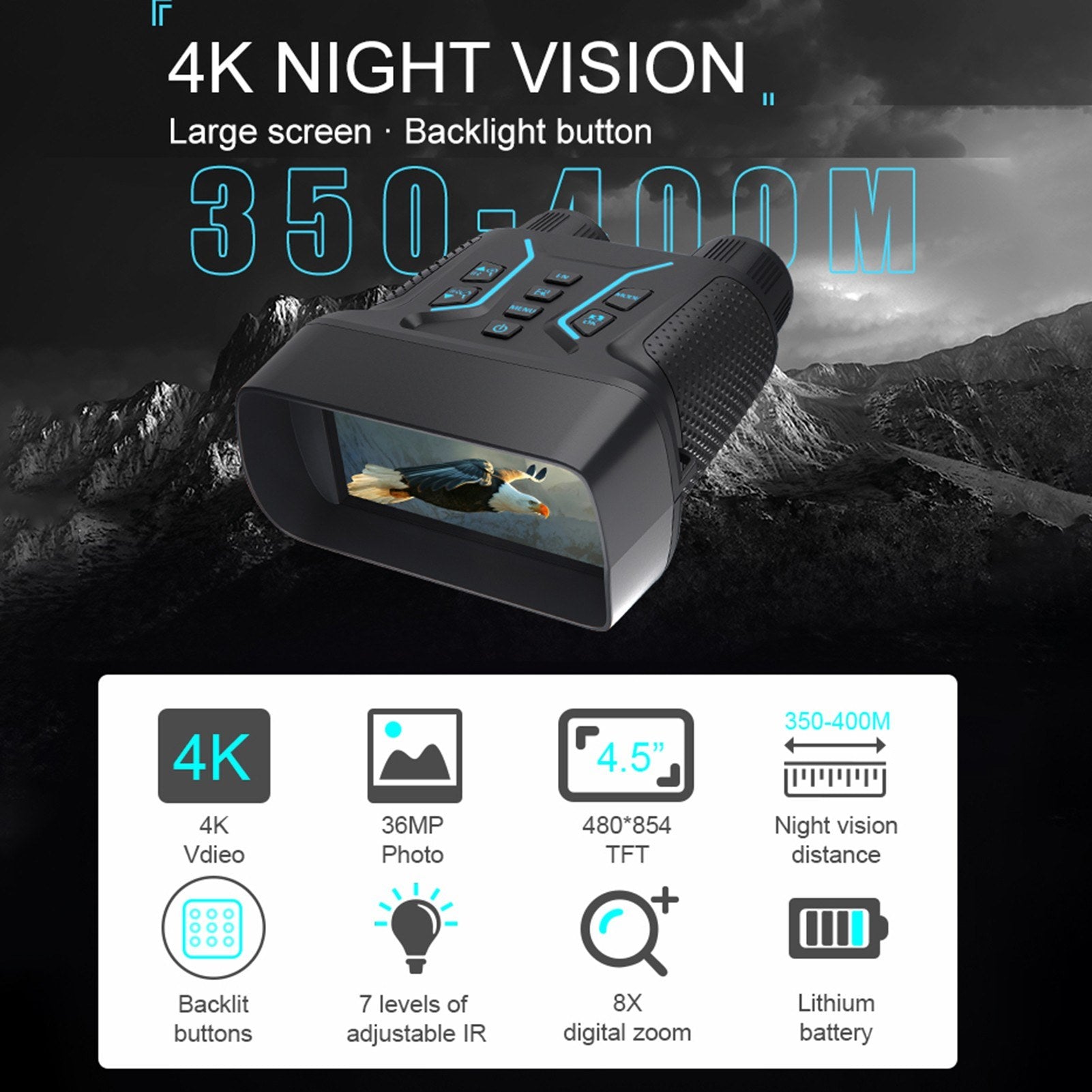 Night Vision Goggles 4K Digital Infrared Binoculars with 8X Zoom 4.5" High-Clear Screen Telescopes for Outdoors Wildlife Observation