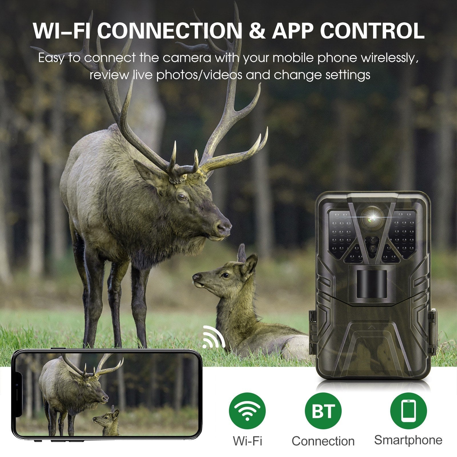 4K 36MP WiFi Trail Camera BT App Control Hunting Camera with 65ft Night Vision 120° PIR Detection IP65 Waterproof Optimized 5MP Image Sensor