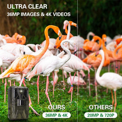 4K 36MP WiFi Trail Camera BT App Control Hunting Camera with 65ft Night Vision 120° PIR Detection IP65 Waterproof Optimized 5MP Image Sensor