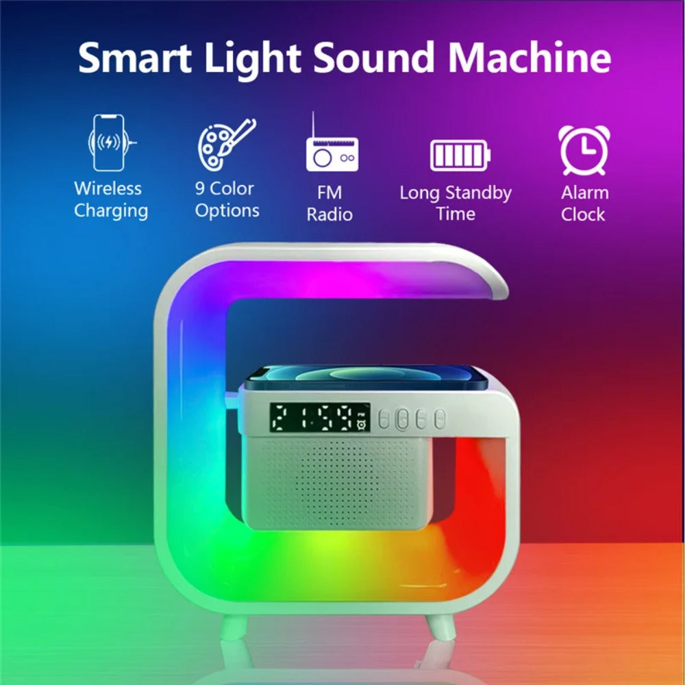 15W Wireless Charging Lamp with Bluetooth Speaker, USB-C, LED Light, Compatible with Apple iPhone, Mini Size