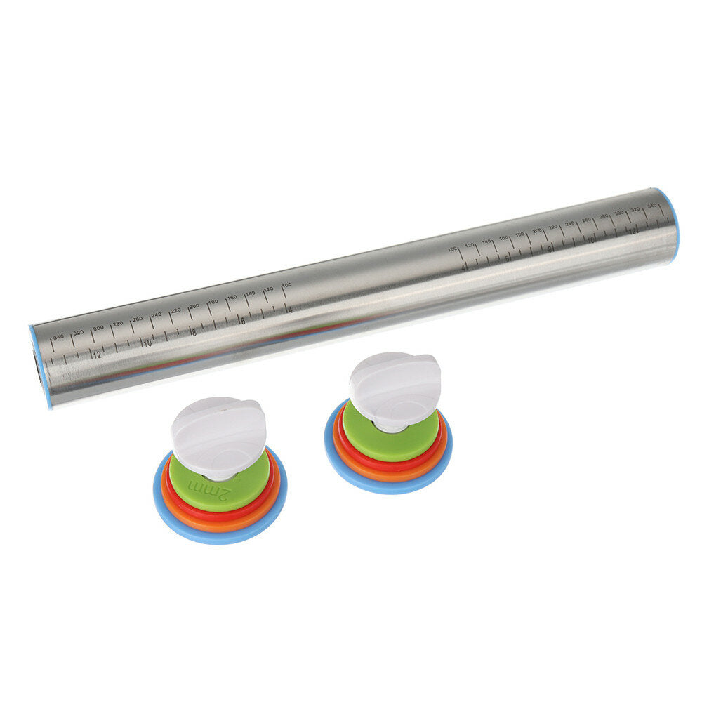 17 Inch Stainless Steel Rolling Pin Adjustable Roller Pin with Silicone Baking Mat 4 Removable Thickness Rings for Baking