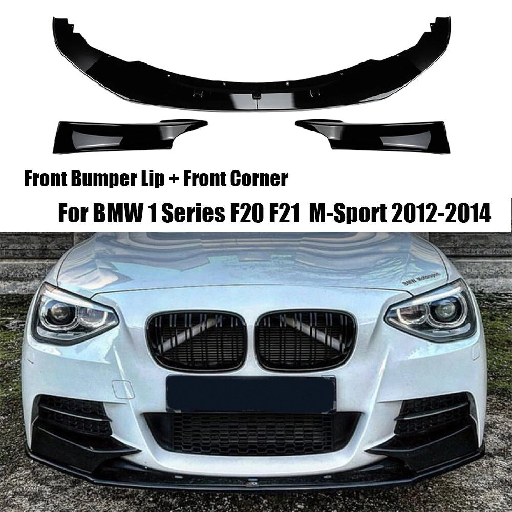 Car Front Bumper Lip + Front Corner Spoiler Splitter Modification Kit Glossy Black for BMW 1 Series F20 F21 Early M-Sport 2012-2014