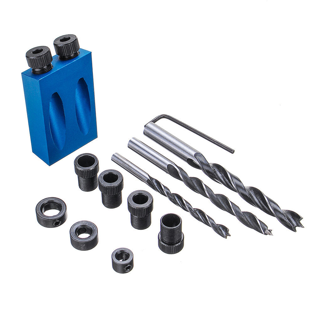 Aluminum Alloy Drill Guide Set with 15° Angle, 6/8/10mm Bits for Woodworking - Adjustable Hole Locator, Blue/Black