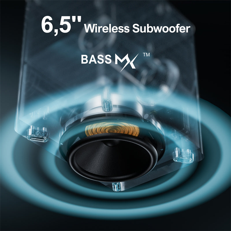 410W 7.1CH Soundbar with 2x Steady 300 Stands Virtual Surround Sound System with 4 Wired Surround Speakers and 6.5" Wireless Subwoofer Home Theater SurroundX Soundbar Subwoofer with 2x Pairs of Steady 300 Surround Speaker Stands
