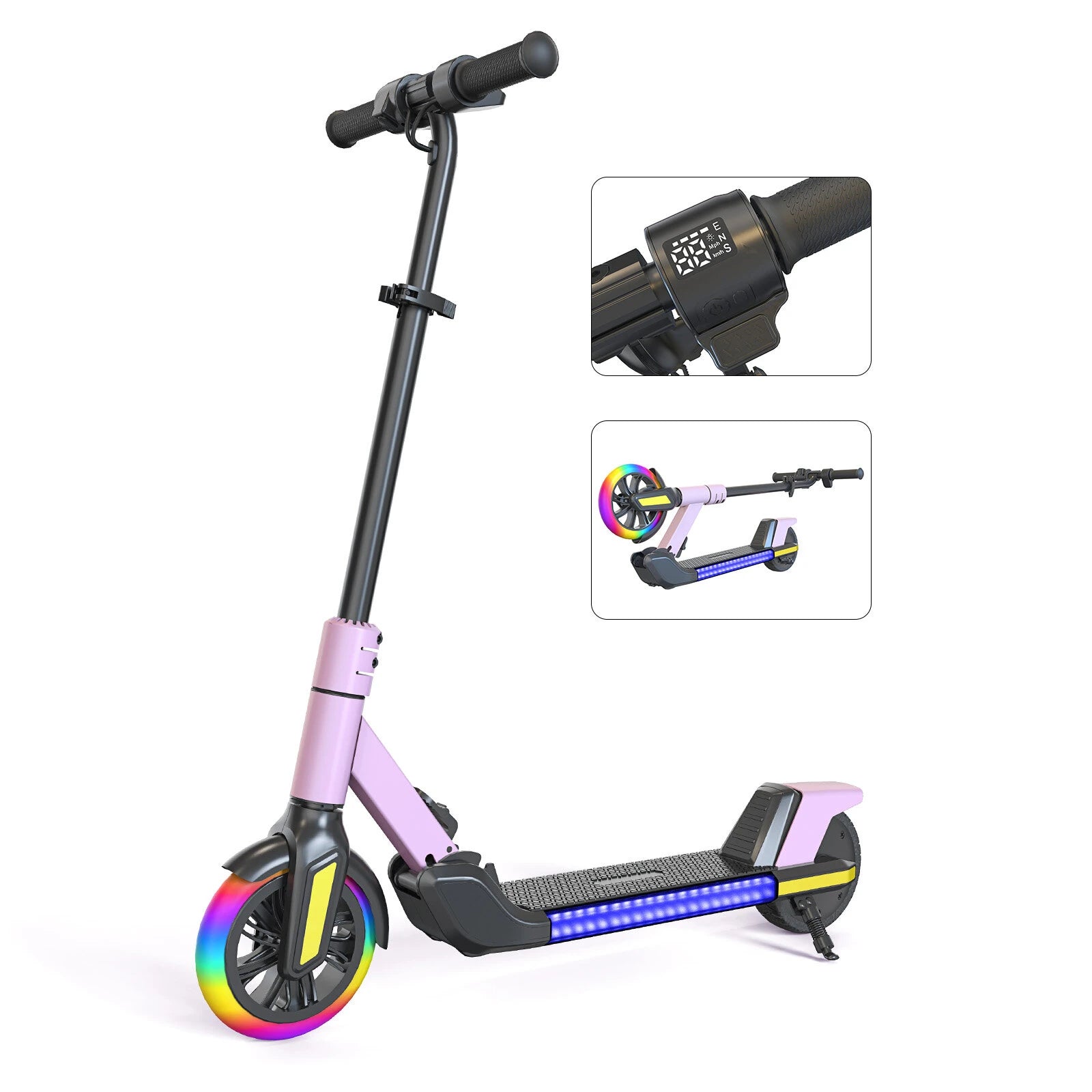 Kids Electric Scooter with LED Lights, 21.6V 2.6AH, 150W Motor, 6 Inch Solid Tires, 10KM/H Top Speed, 8-10KM Range, 70KG Max Load