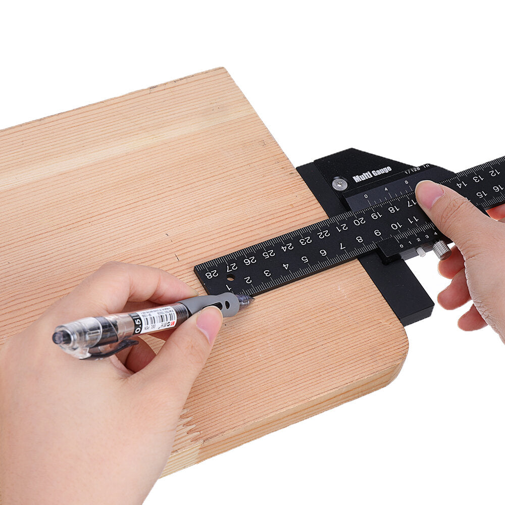 Multifunctional Woodworking Scriber Gauge - Aluminum Steel Measuring Tool for Carpentry, 11" with Inch & MM Scale