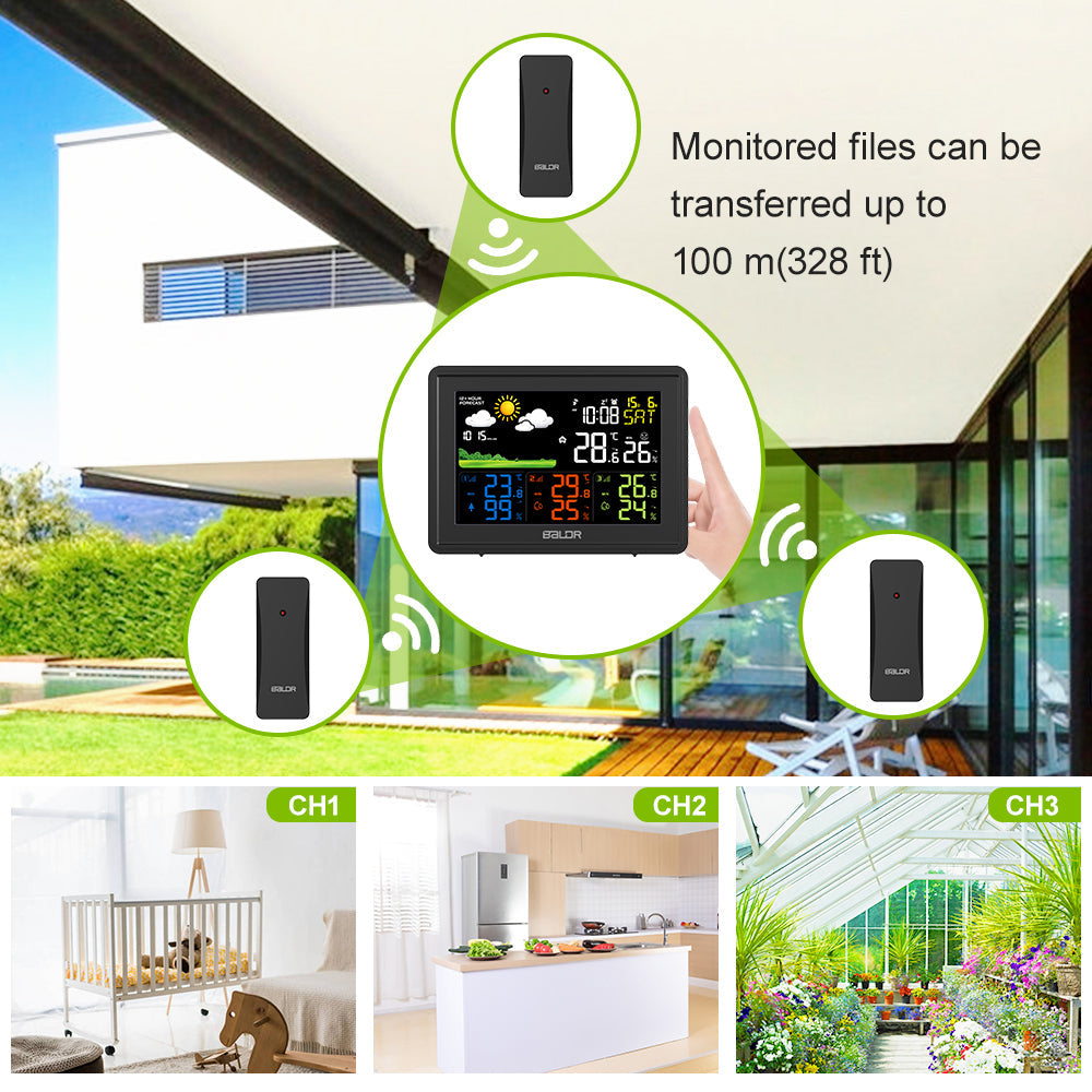 Weather Station Alarm Clock Wireless Indoor Outdoor Thermometer with Atomic Clock Forecast Station 3 Outdoor Sensors