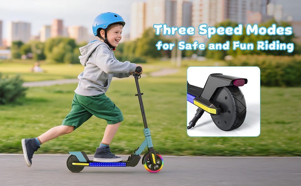 Kids Electric Scooter with LED Lights, 21.6V 2.6AH, 150W Motor, 6 Inch Solid Tires, 10KM/H Top Speed, 8-10KM Range, 70KG Max Load