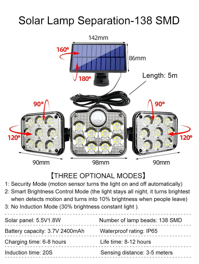 Solar Lights Outdoor 171COB 108/122/138LEDs Motion Sensor Light 3 Head Remote Control Wall Light 270 Wide Angle Flood Light for Garden
