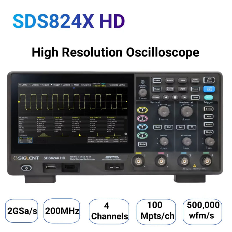 Digital Oscilloscope 4 Channel 200MHz Siglent 7'' Wave Generator 2GSa/s 12 bit High Resolution Lab Oscilloscope Tool