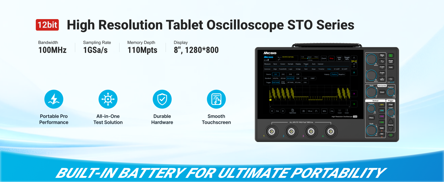 100MHz Tablet Oscilloscope, 4 Channels, 12-Bit Resolution, 1GSa/s, 110Mpts Memory & 8-Inch Touchscreen