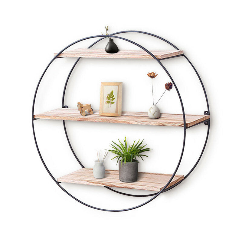 Round Wall Unit Retro Industrial Style Wood Metal Wall Shelf Rack Book Shelf Storage Rack