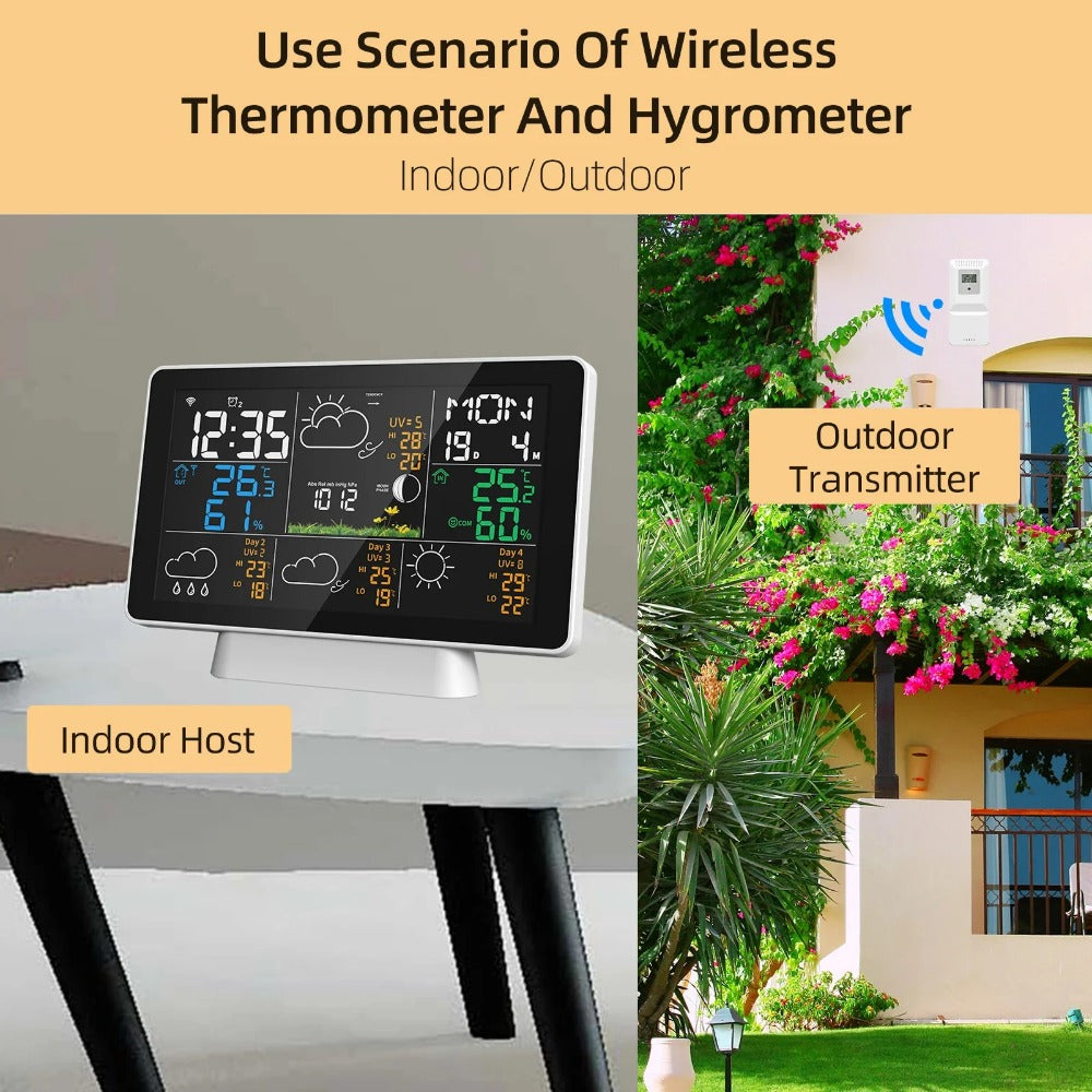 Wifi Wireless Weather Station Alarm Clock With 7.5 Inch Display / Atomic Clock / Weather Forecast / Outdoor Thermometer / Air Pressure / Moon Phase