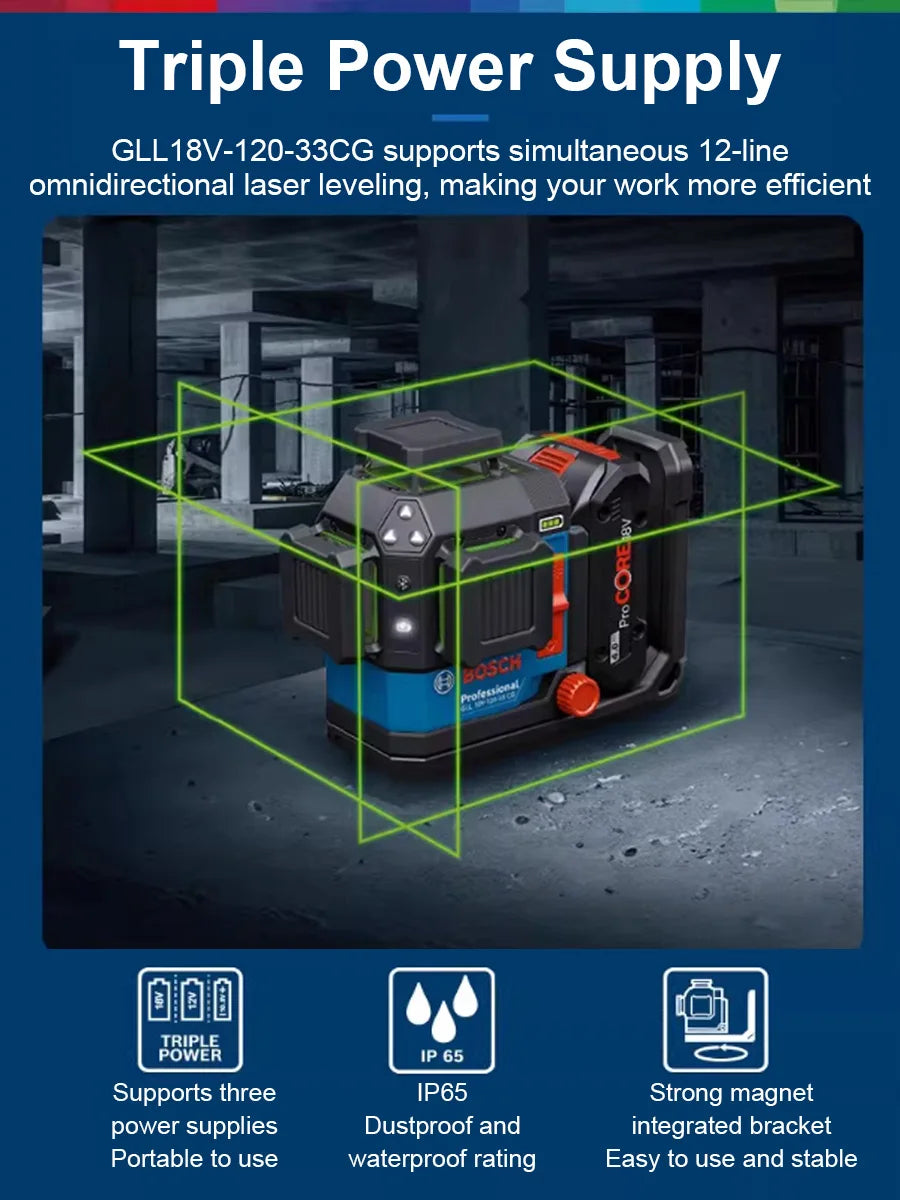 Bosch GLL 18V-120-33CG Green Laser Level, 3x360°, Bluetooth App Control, Fine Adjustment & Triple Power Modes