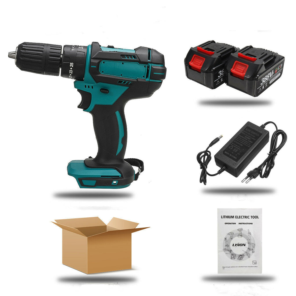 388VF 1500W Electric Cordless Impact Drill LED Working Light Rechargeable Woodworking Maintenance Tool W/ 1pc/2pcs Battery
