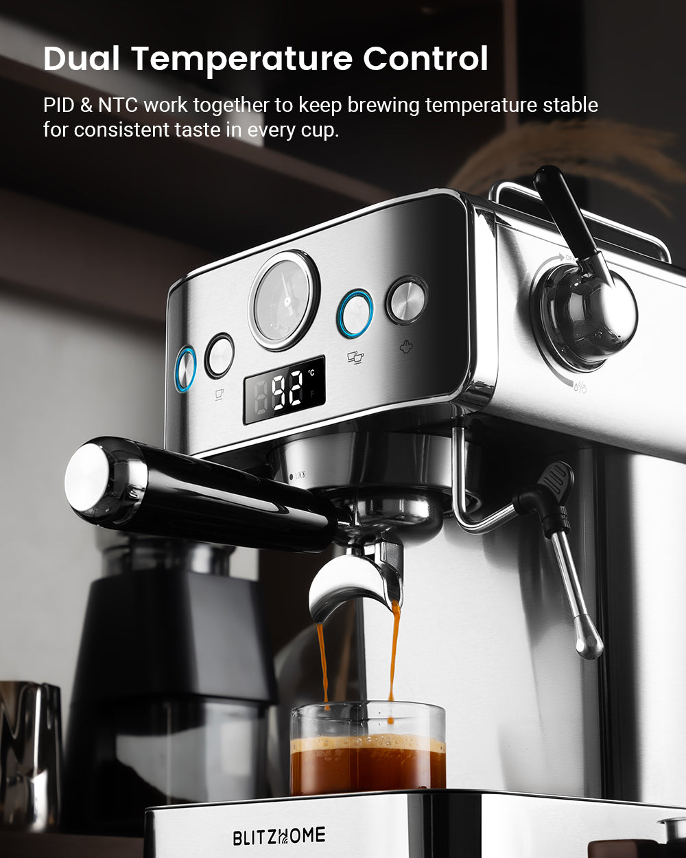 Espresso Coffee Machine H10A 20Bar 1150W with Pressure Gauge PID & NTC 51mm Portafilter Manual Steam Wand