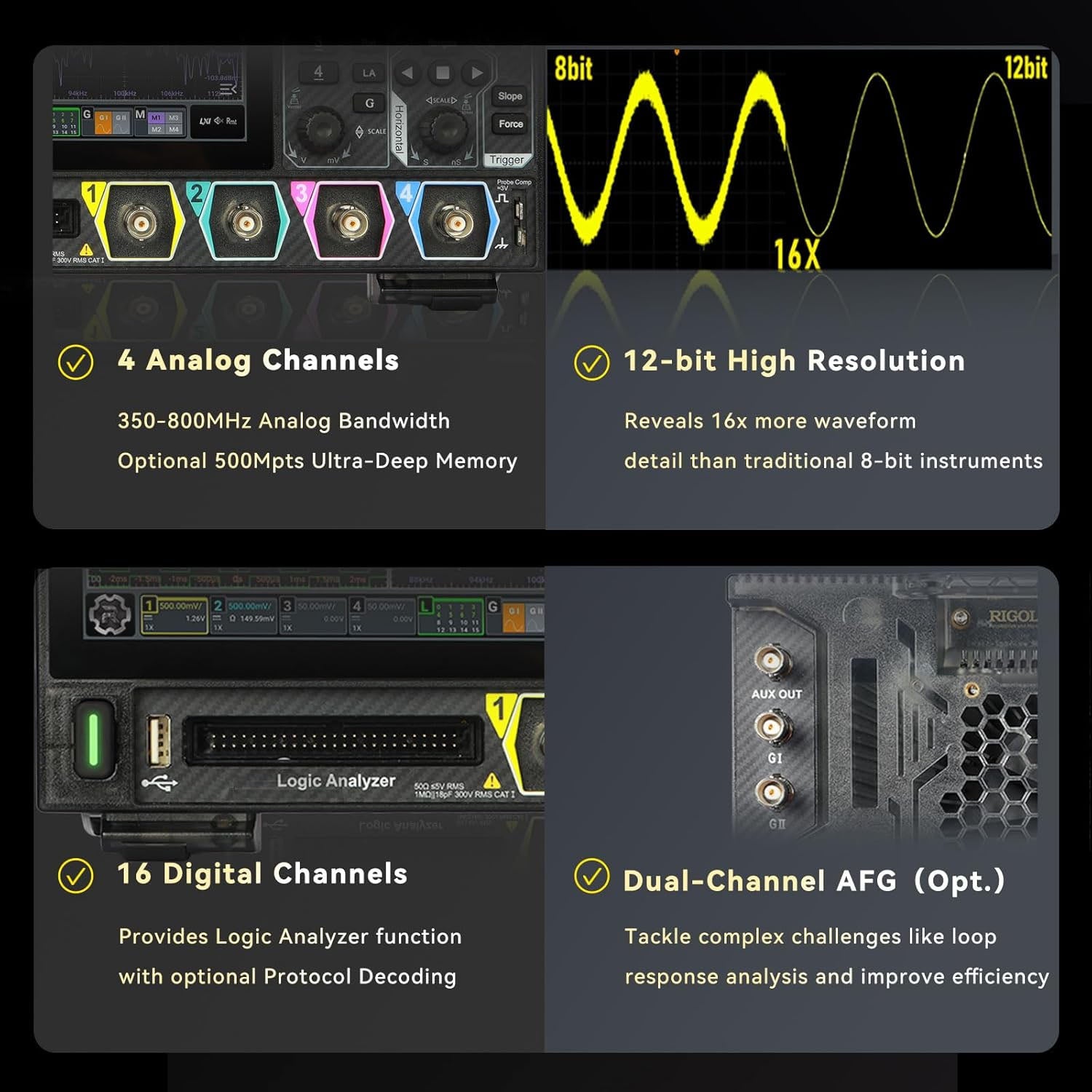 High Precision Digital Oscilloscope 4 Channels 800MHz Bandwidth 12-Bit Resolution 4GS Sampling Rate Touchscreen USB HDM Signal Analysis