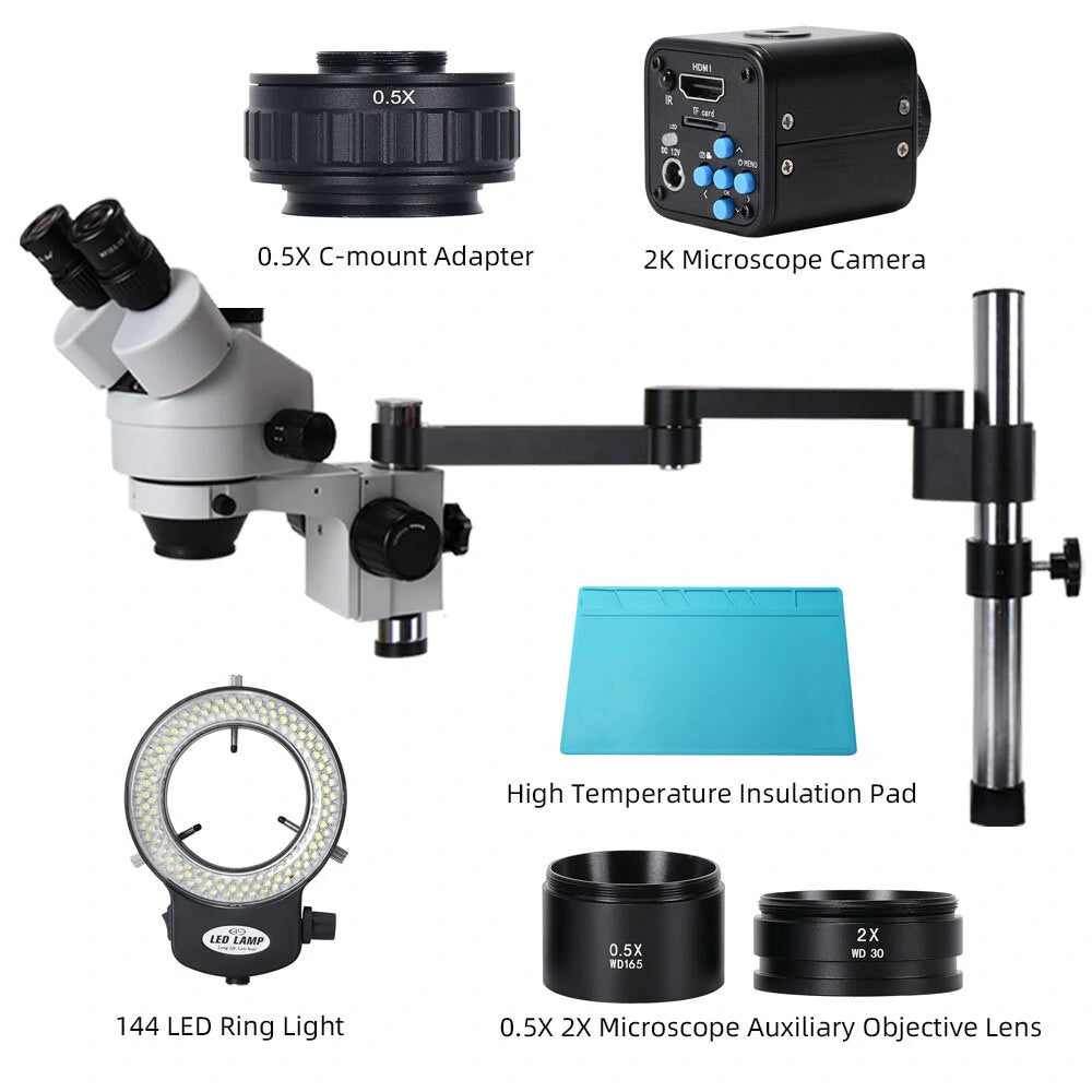 Trinocular Microscope with 360° Swivel Arm for Mobile Phone Repair and Circuit Board Soldering 2K High Definition Camera Included