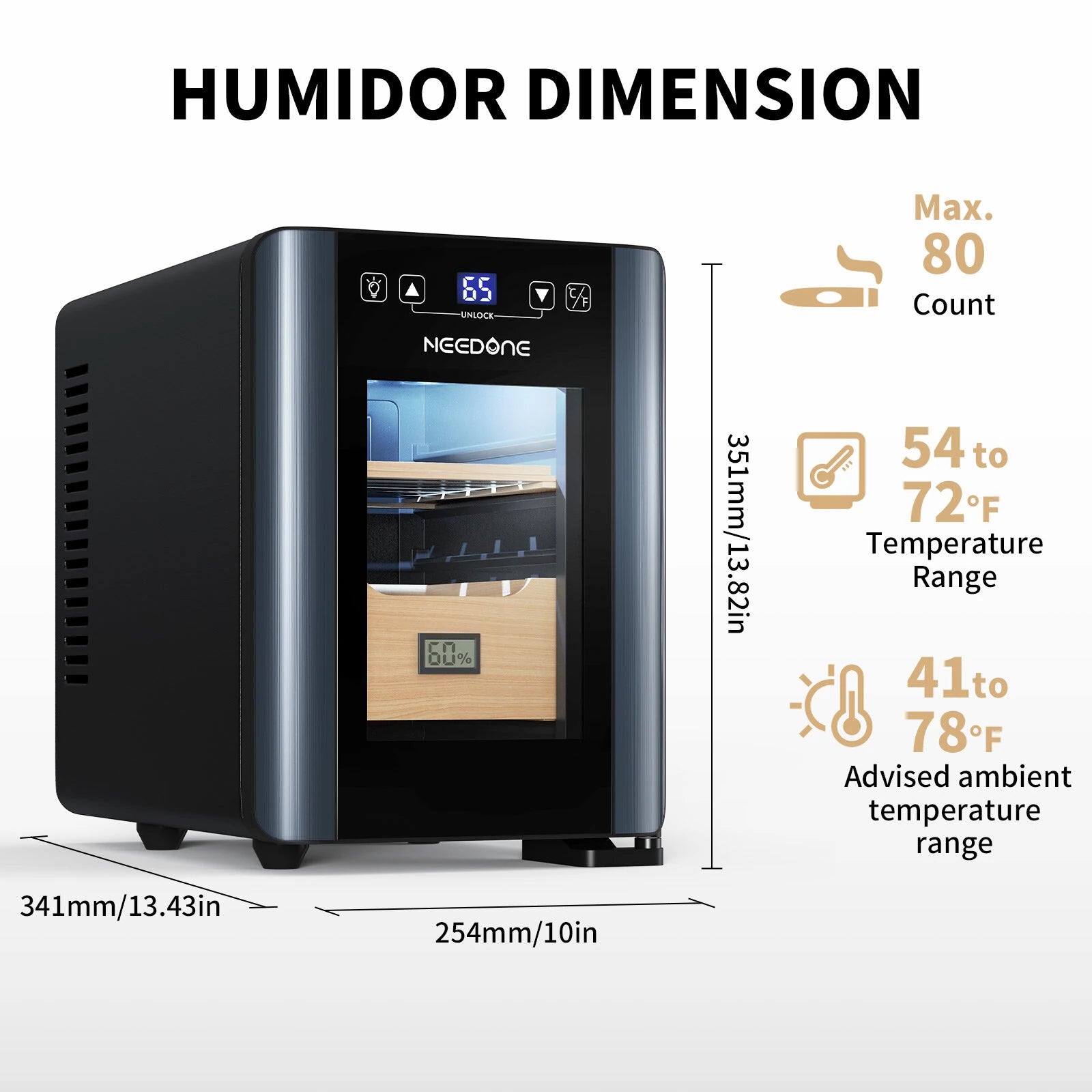 8L Electric Cigar Humidor, Quiet Heating & Cooling, Spanish Cedar Shelves, Drawer & Hygrometer