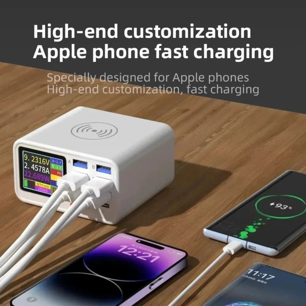 65W Dual C Ports Fast Charger with Wireless Charging, Intelligent Charging, Display Screen & Multiple Ports for Devices