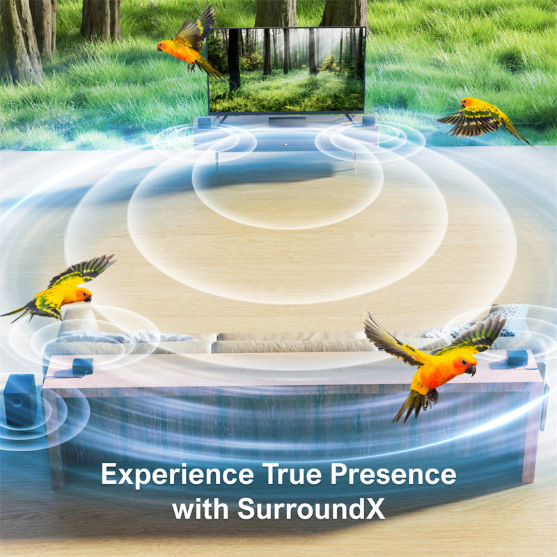 410W 7.1CH Soundbar with 2x Steady 300 Stands Virtual Surround Sound System with 4 Wired Surround Speakers and 6.5" Wireless Subwoofer Home Theater SurroundX Soundbar Subwoofer with 2x Pairs of Steady 300 Surround Speaker Stands