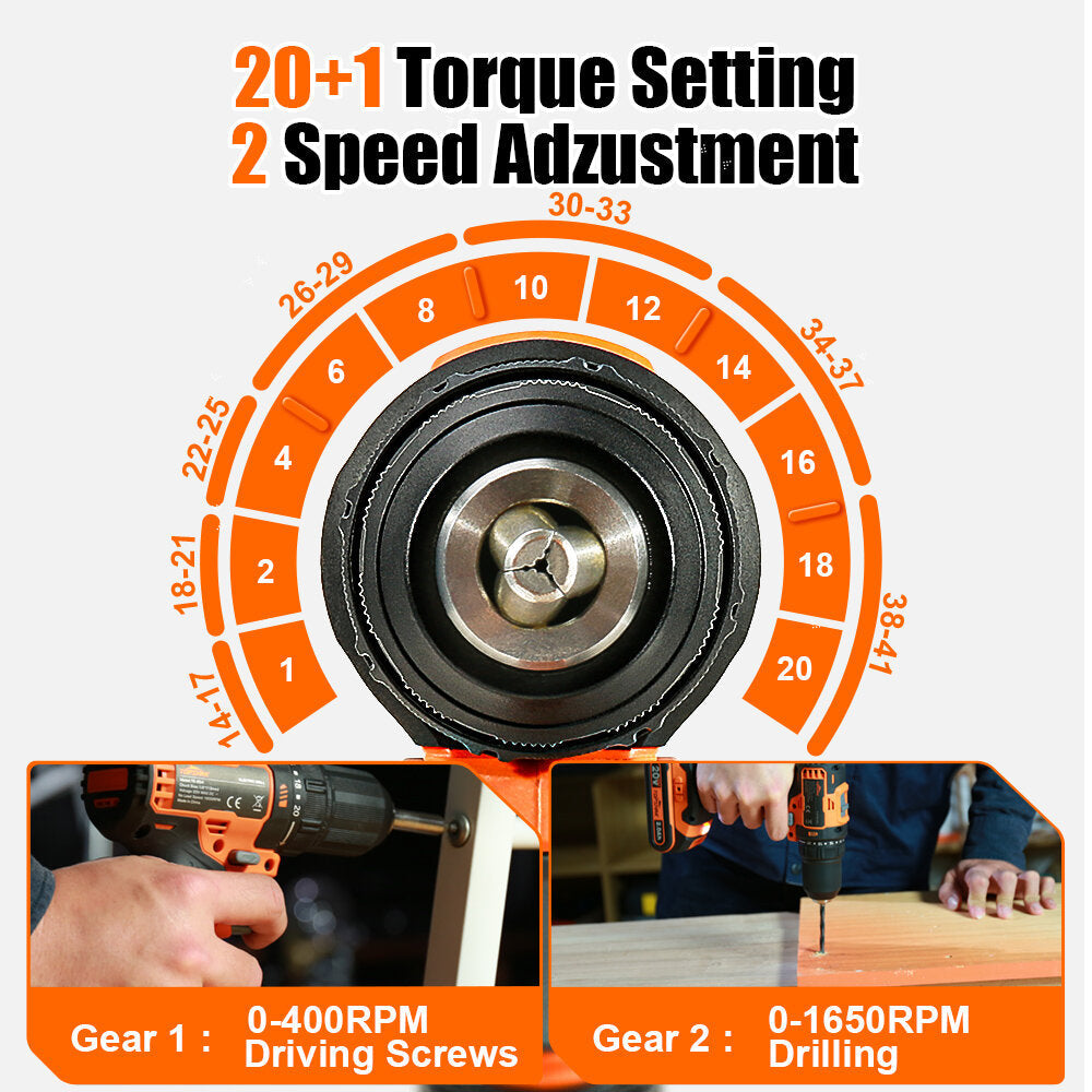 20V 13mm Brushless Electric Drill 45N.m Torque 0-1650RPM Variable Speed 43pcs Accessories