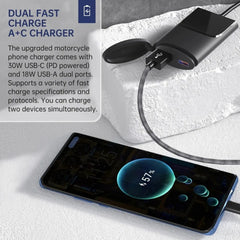 Dual Fast Charging USB Charger for Motorcycles, 30W USB-C & 18W USB-A, Safe, Portable, Easy Installation, Black