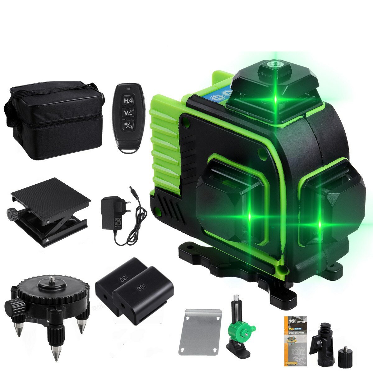4D 16 Lines Green Light Laser Levels 360 Self Rotary Leveling Measure Tools with 2PCS Lithium Batteries