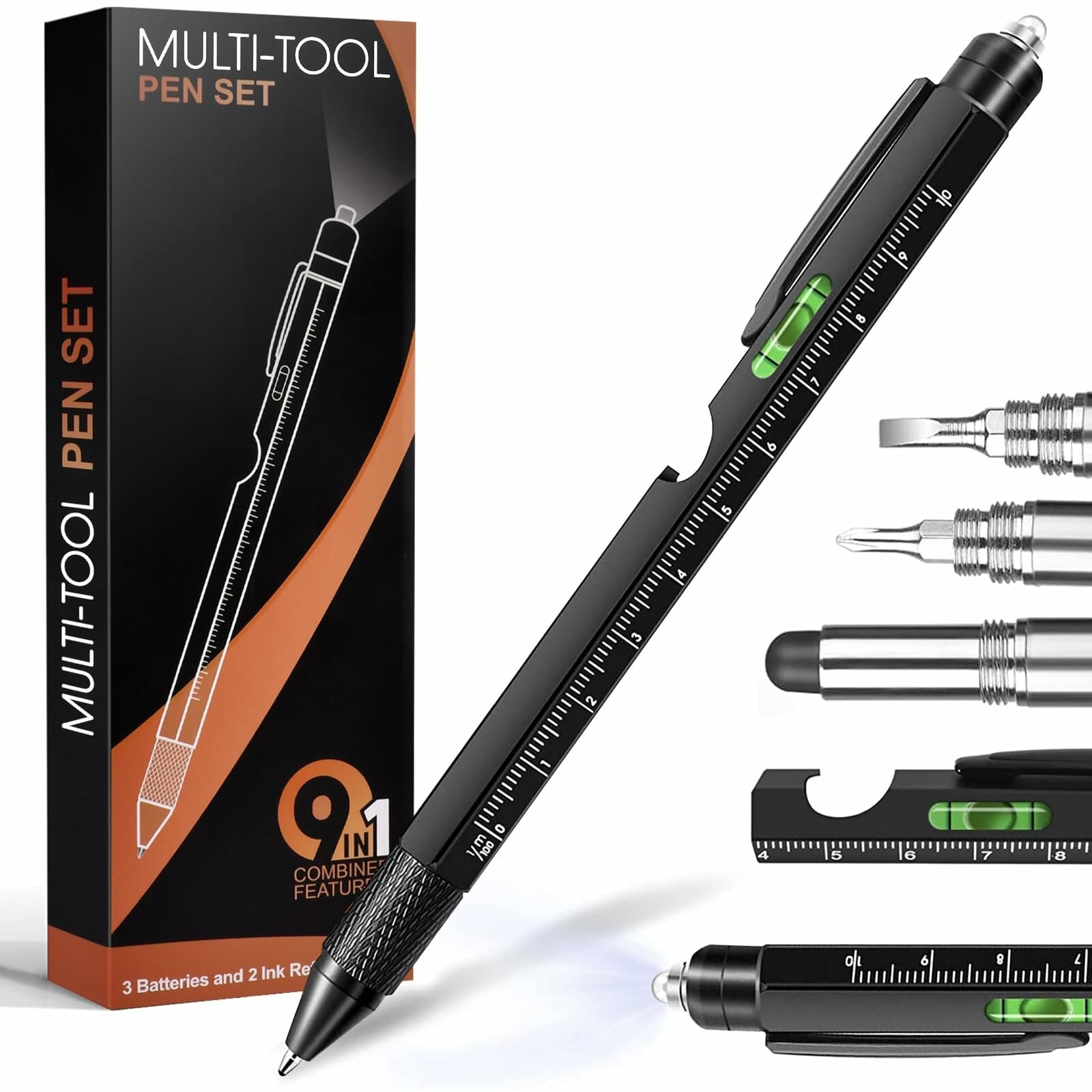 9-in-1 Multi-Tool Pen: Ballpoint, Screwdrivers, Stylus, LED Light, Ruler & More - Perfect Gift for Men & Women