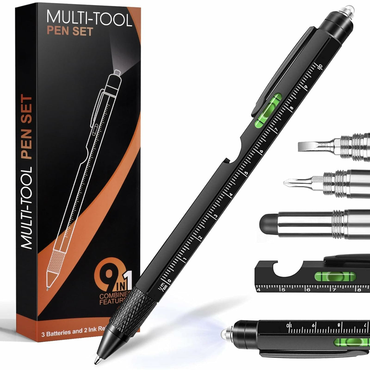 9-in-1 Multi-Tool Pen: Ballpoint, Screwdrivers, Stylus, LED Light, Ruler & More - Perfect Gift for Men & Women