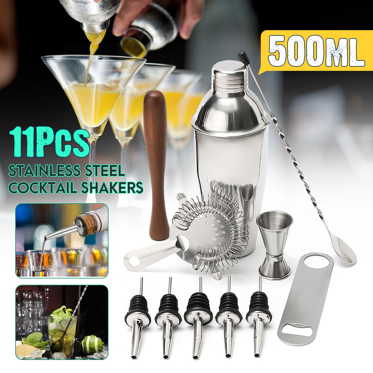 11Pcs Stainless Steel Cocktail Shaker Mixer Martini Spirits Muddler Pourer Strainer Bartender Set