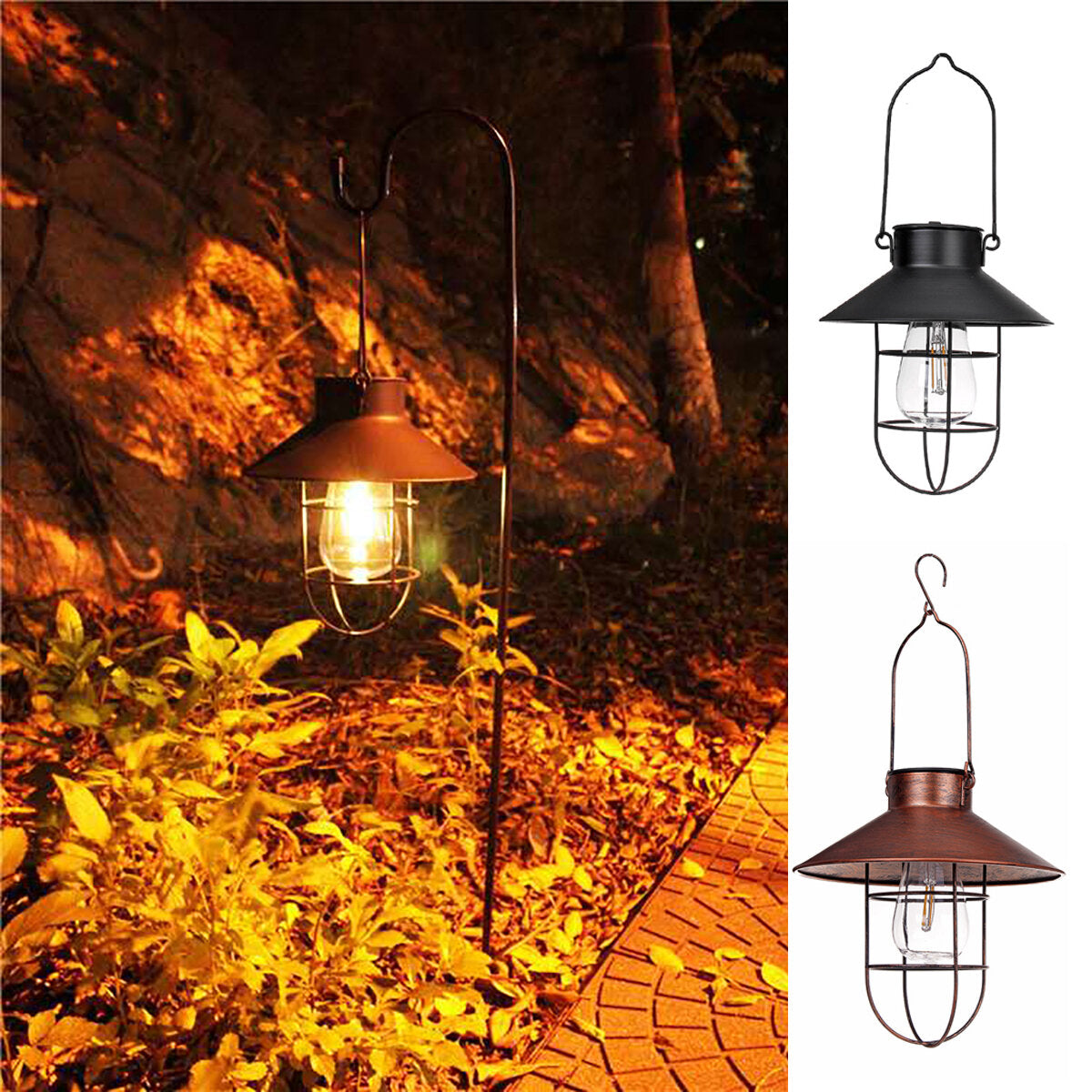 Black/Bronze Retro Solar Powered  Lantern Outdoor Hanging Solar Light Vintage Lamp With Warm