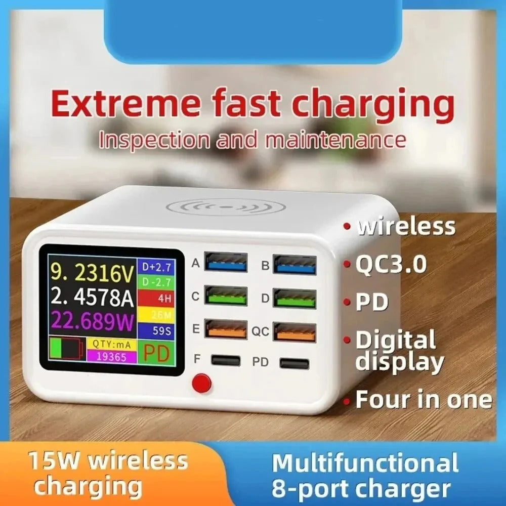 65W Dual C Ports Fast Charger with Wireless Charging, Intelligent Charging, Display Screen & Multiple Ports for Devices