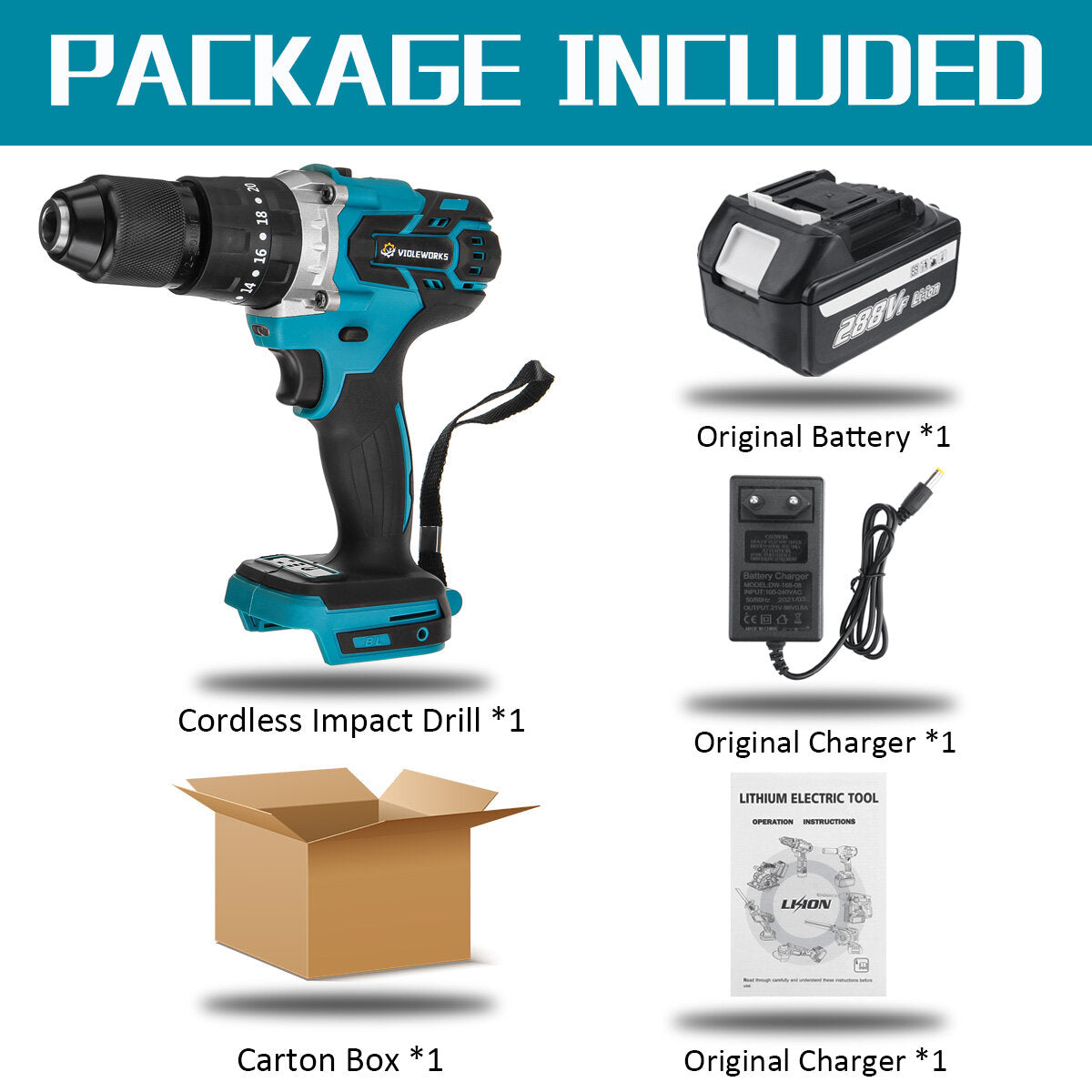 3 In 1 Cordless Electric Impact Drill Driver Brushless Driver Drill Hammer with EU Plug LED Working Light
