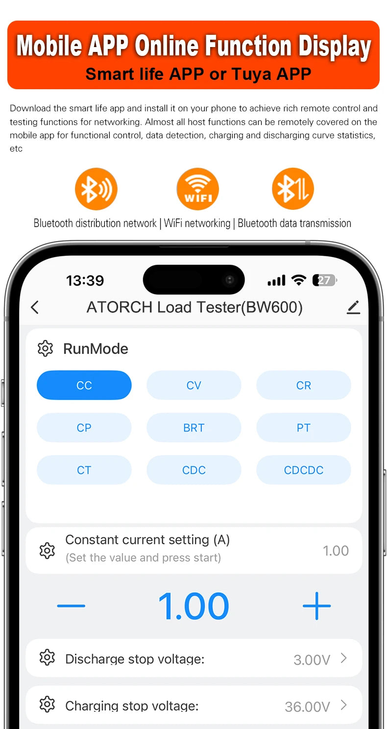 Electronic Load Tester 150/300/450/600W WiFi Tuya 0-200V 50A Battery Capacity Monitor Programmable Discharge Tool IPS Display High Precision Bluetooth Connection