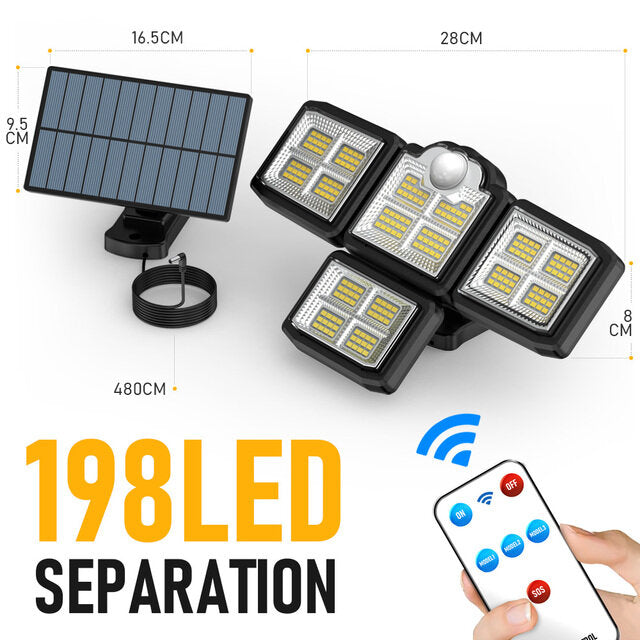 192/198 LED COB Outdoor Solar Lights 4 Head Motion Sensor 270 Wide Angle Lighting Waterproof Remote Control Solar Garden Wall Lamp