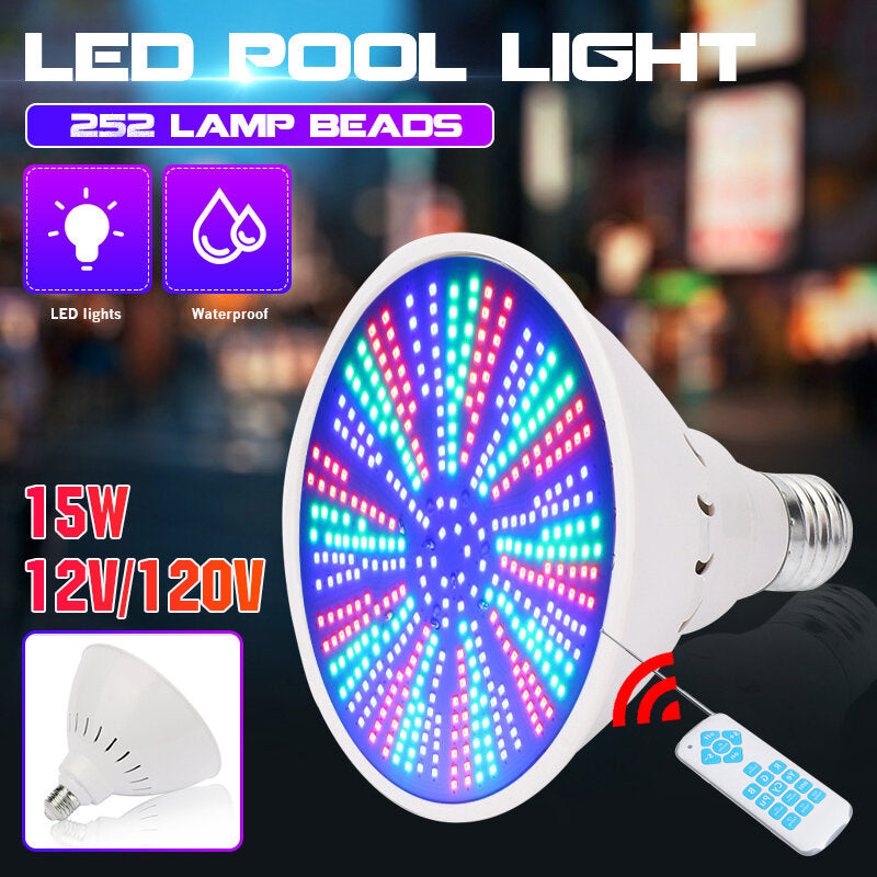 E27 15W 252LED Underwater Light RGB Swimming Pool Lamp  Waterproof with Remote Control AC12V/120V