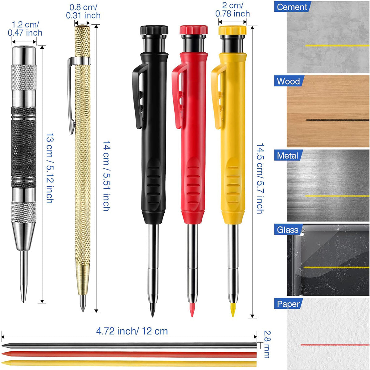 Comprehensive Woodworking Marking Kit: 3 Pencils, Center Punch, Carbide Scribe & 18 Refills for Precision Marking