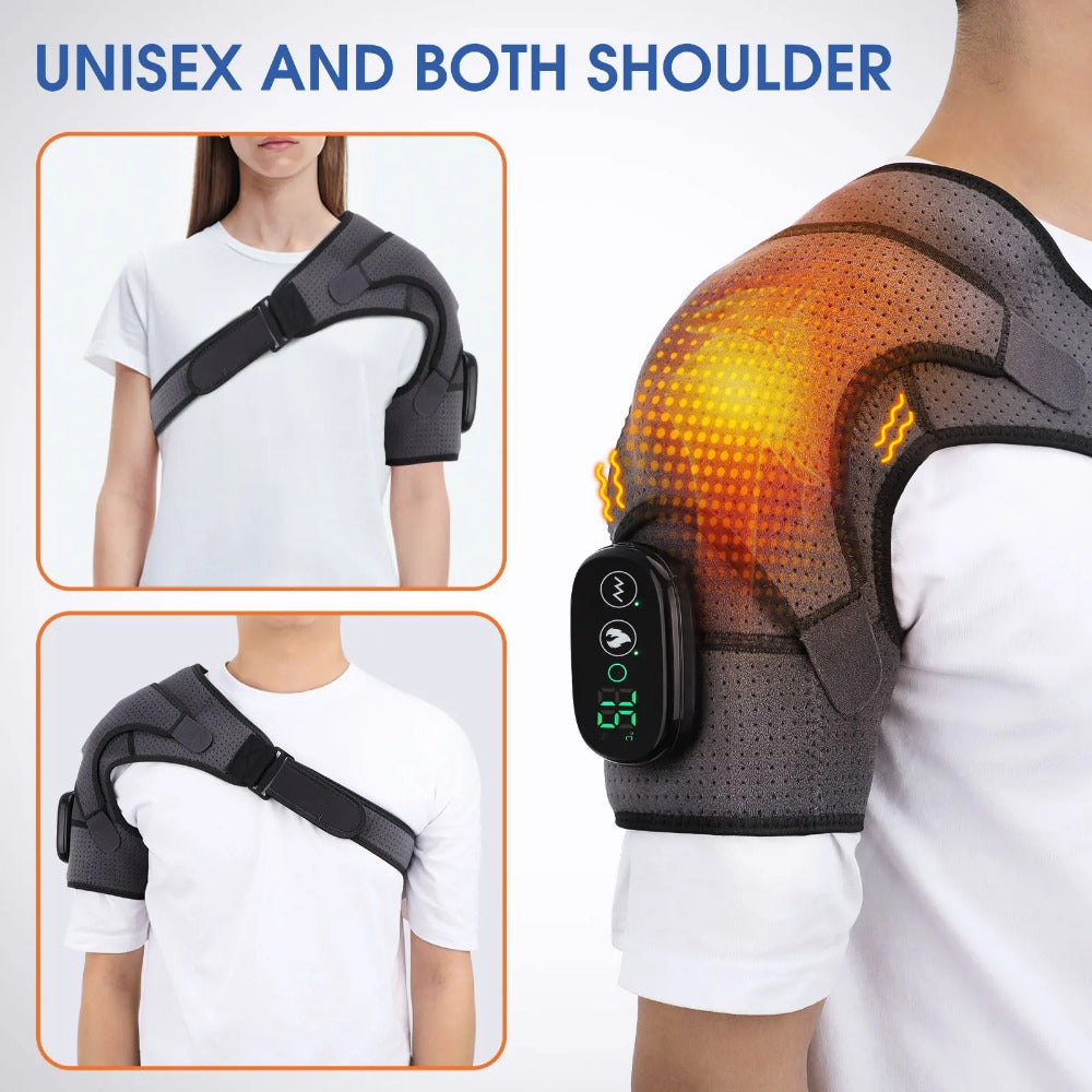 Heated Shoulder Steamer Brace - 3-in-1 Massage & Heat Therapy, Adjustable Straps, 5000mAh Battery, Grey/Black
