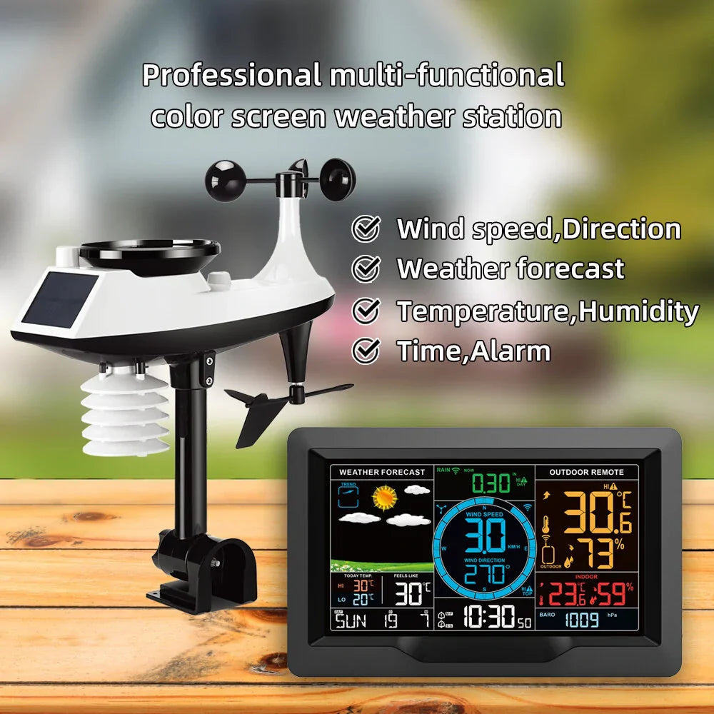 Wireless Weather Station Clock - Indoor/Outdoor Thermometer & Hygrometer with Forecast, Wind/Rain/Moon, Air Pressure Sensor