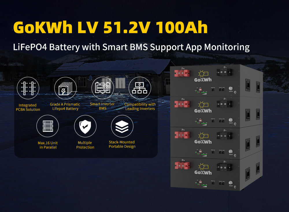 51.2V 100Ah 5120Wh LiFePO4 Energy Storage Battery with Bluetooth Built-in BMS for Home Backup RV and Camping