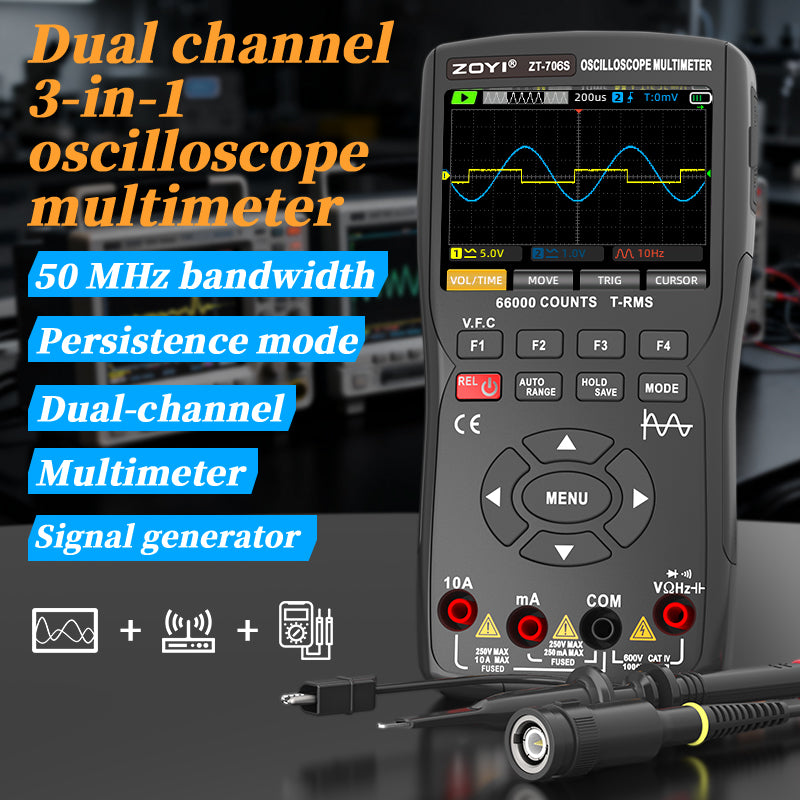 Handheld Oscilloscope Multimeter 3-In-1 Dual Channel 50MHz 280MSa/s 66000 Counts Signal Generator IPS Display