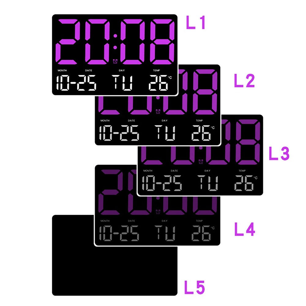 Large Digital Wall Clock with LED Display, Adjustable Brightness, Indoor Temperature, Date, Week, 12/24H for Home, Office, Classroom