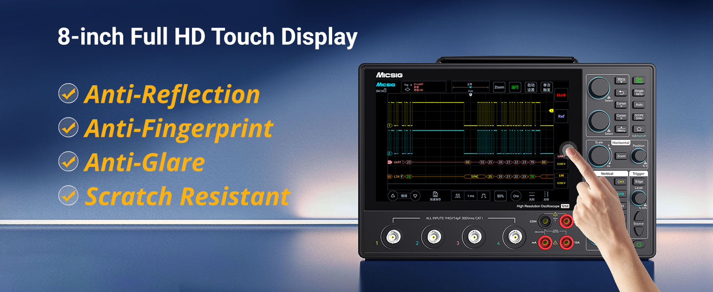 High Resolution Tablet Oscilloscope 12-bit 4 Channel 1GSa Sampling Rate Up to 200MHz Bandwidth Portable Touchscreen