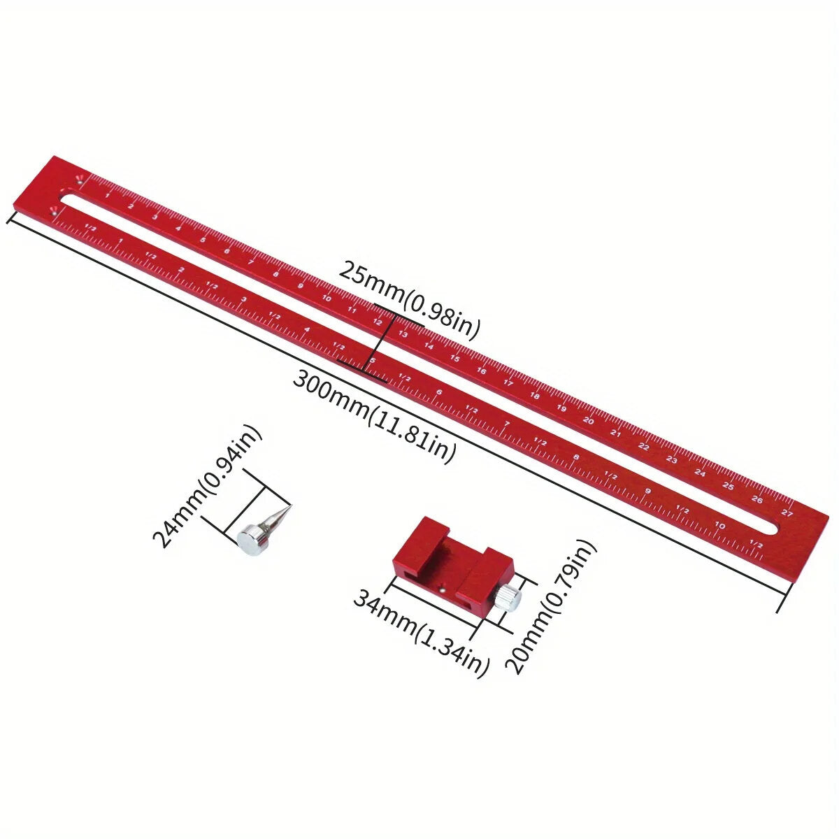 Woodworking Pocket Ruler with Positioning Needle & Compass, Dual Scale (Metric & Inch), Durable Aluminum Alloy, 300mm